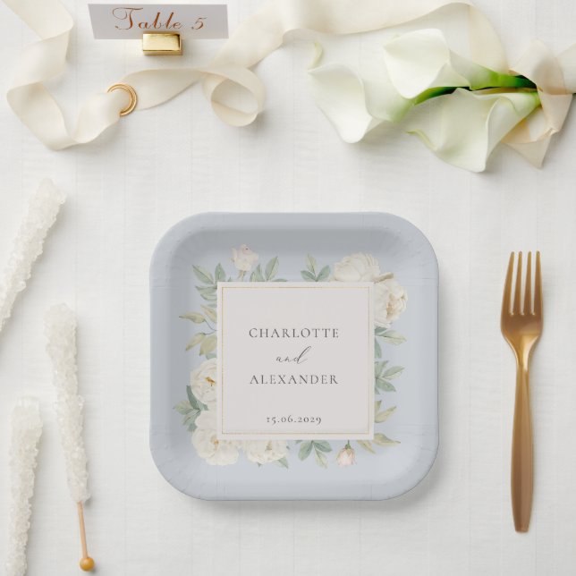 Weiße Blume, hellblaue Hochzeit Pappteller (Hochzeit)