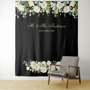 Weiße Blume Hochzeitskabine Schwarzes Foto Hinterg Wandteppich