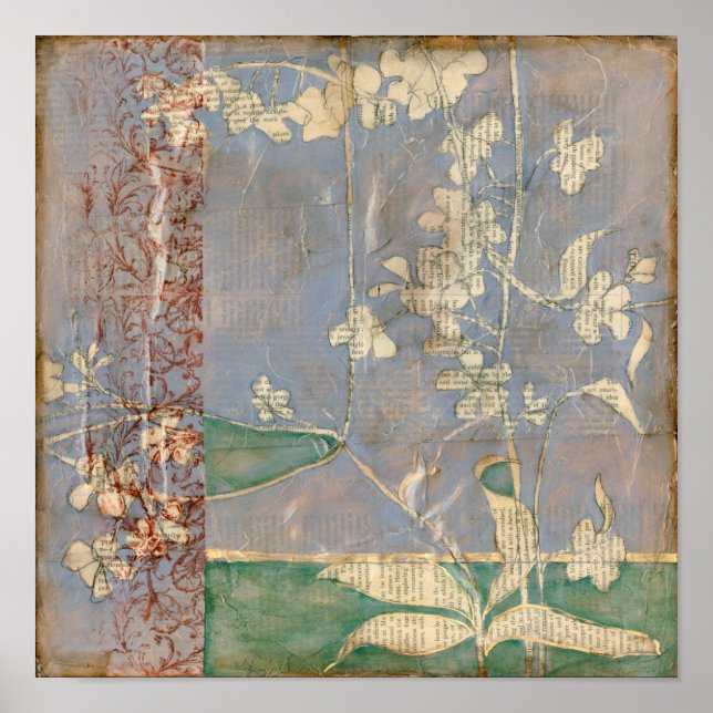 Weiße Blume im Zeitungspapier-Hintergrund Poster (Vorne)