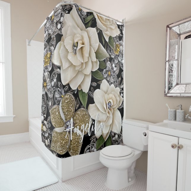 Weiße Blume mit Glitzer und Personalisiertem Namen Duschvorhang (Beispiel)