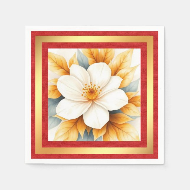 Weiße Blume mit goldenen Blättern Serviette (Vorderseite)