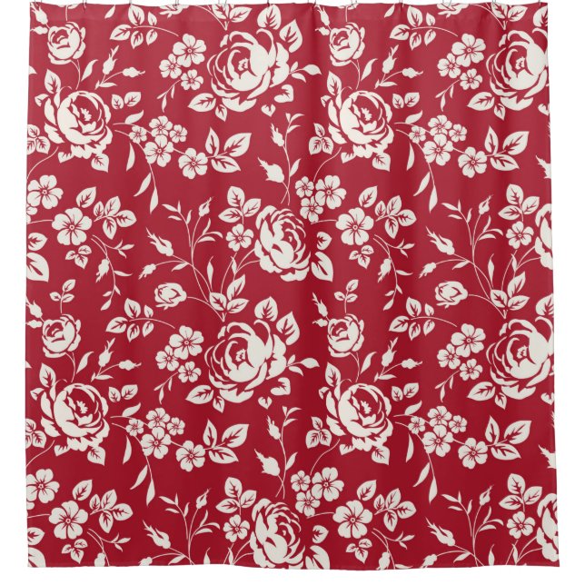 Weiße Blume Silhouette auf rotem Hintergrund. Seam Duschvorhang (Vorderseite)