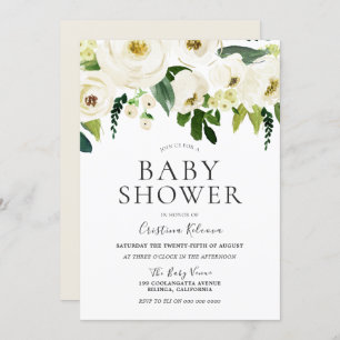 Weiße Blume und Creme Elegante Babydusche Einladung