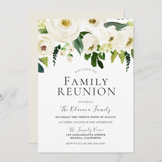 Weiße Blume und Creme Elegante Family Wiedersehen Einladung (Vorne/Hinten)