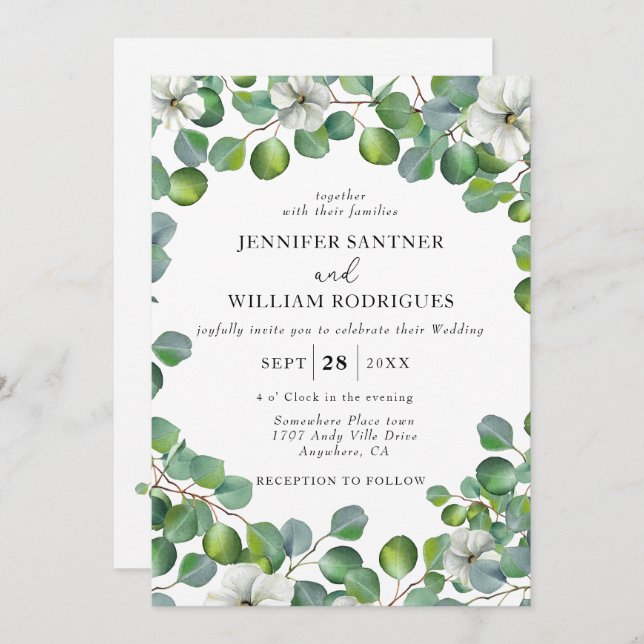 Weiße Blume und Eukalyptus Wedding Einladung (Vorne/Hinten)