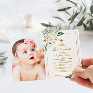 Weiße Blume und Goldrahmen Foto Girl Dedication Einladung
