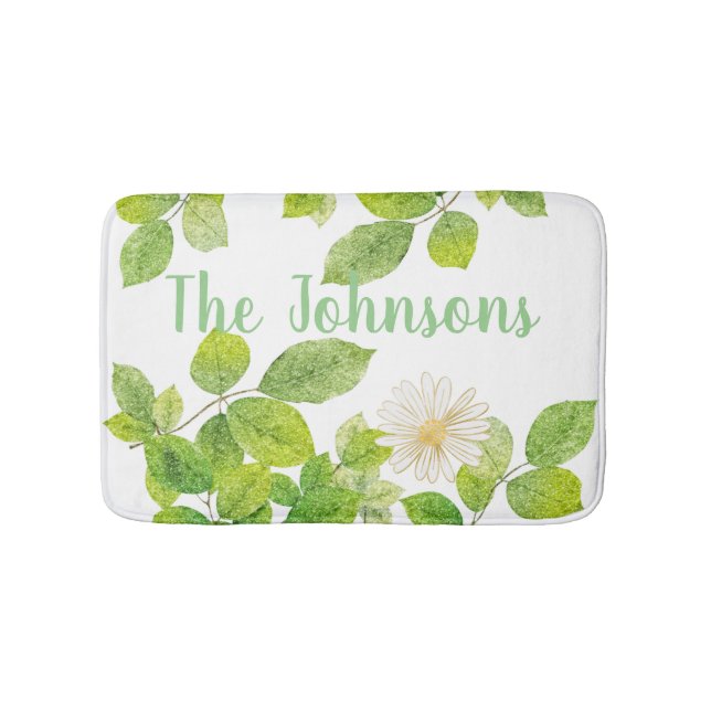 Weiße Blume und Grüne Blätter Garten Badematte (Vorderseite)