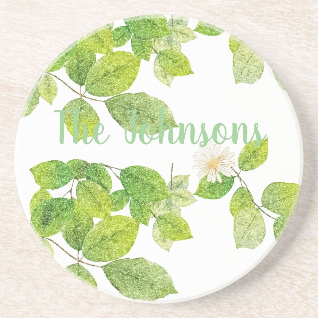 Weiße Blume und Grüne Blätter Garten Getränkeuntersetzer (Vorne)