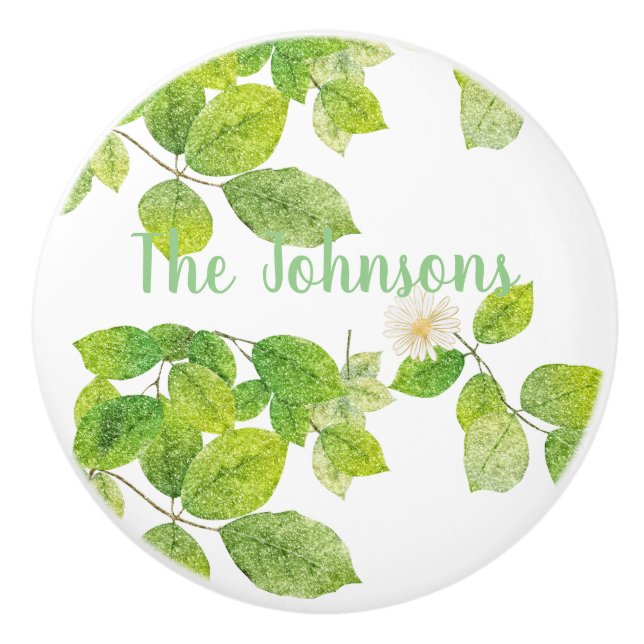 Weiße Blume und Grüne Blätter Garten Keramikknauf (Vorderseite)