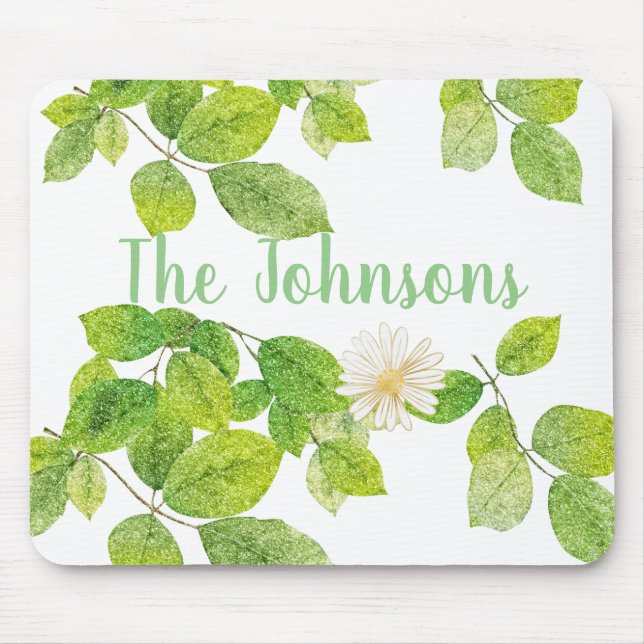 Weiße Blume und Grüne Blätter Garten Mousepad (Vorne)