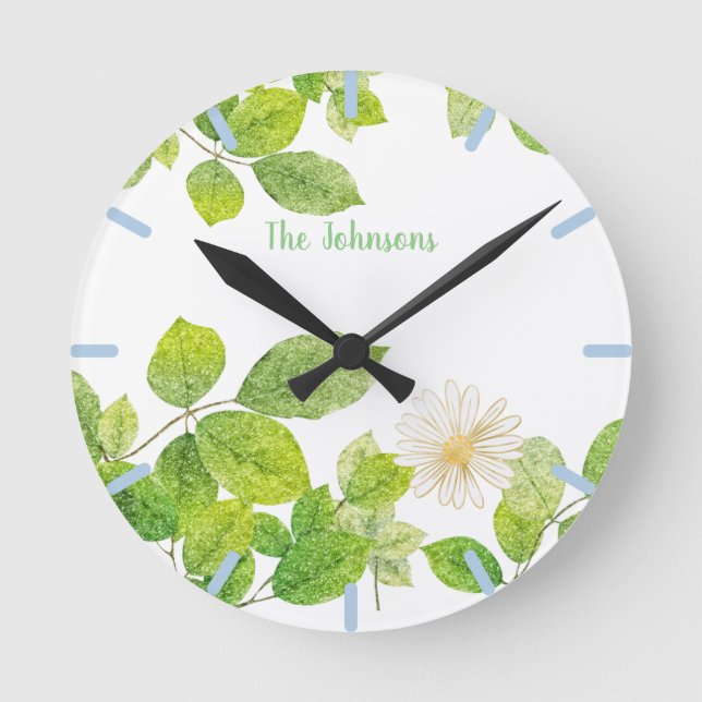 Weiße Blume und Grüne Blätter Garten Runde Wanduhr (Vorderseite)