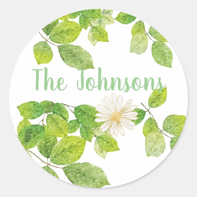 Weiße Blume und Grüne Blätter Garten Runder Aufkleber (Vorderseite)