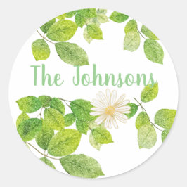 Weiße Blume und Grüne Blätter Garten Runder Aufkleber