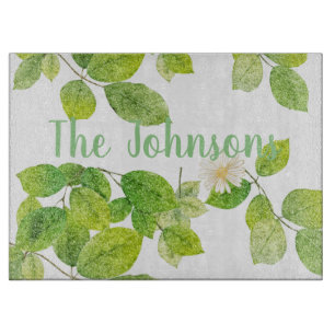 Weiße Blume und Grüne Blätter Garten Schneidebrett