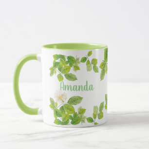 Weiße Blume und Grüne Blätter Garten Tasse
