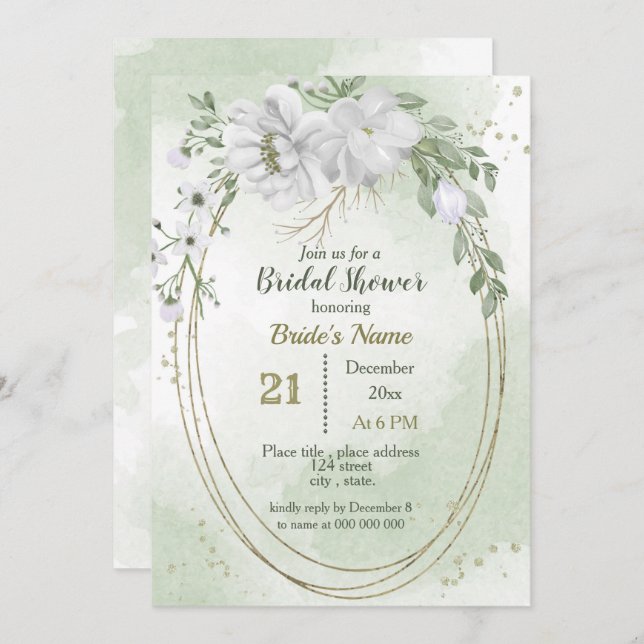 weiße Blume und grüne Blätter ovales Brautparty Einladung (Vorne/Hinten)