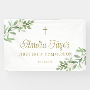 Weiße Blume und Grüne Erste Heilige Kommunion Banner