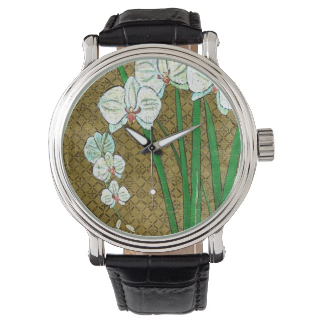 Weiße Blume und grüne Stiele an der braunen Grenze Armbanduhr (Vorderseite)