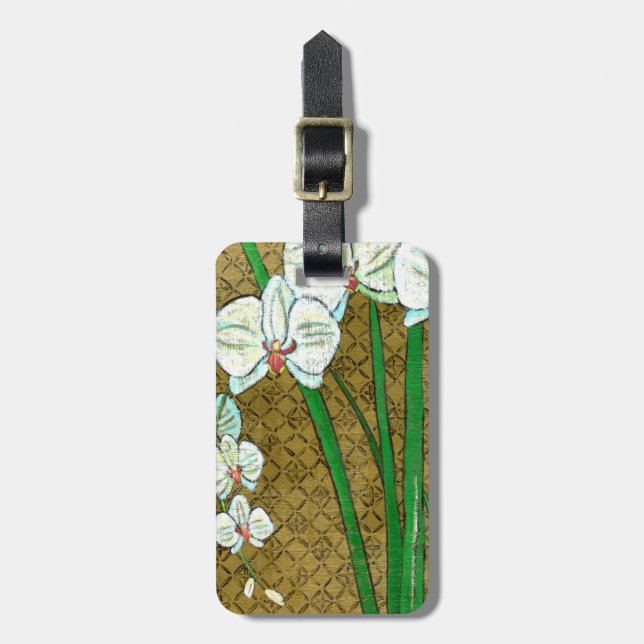 Weiße Blume und grüne Stiele an der braunen Grenze Gepäckanhänger (Vorderseite vertikal)