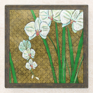 Weiße Blume und grüne Stiele an der braunen Grenze Glasuntersetzer