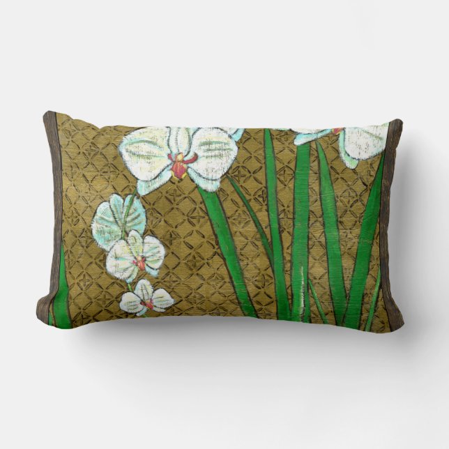 Weiße Blume und grüne Stiele an der braunen Grenze Lendenkissen (Vorderseite)