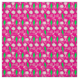 WEISSE BLUME UND GRÜNE TEILE AUF PINK STOFF