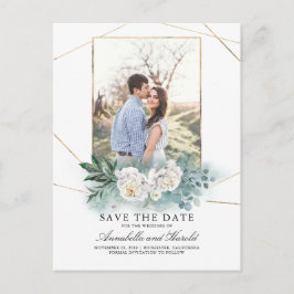 Weiße Blume und grünes Foto Save the Date Ankündigungspostkarte
