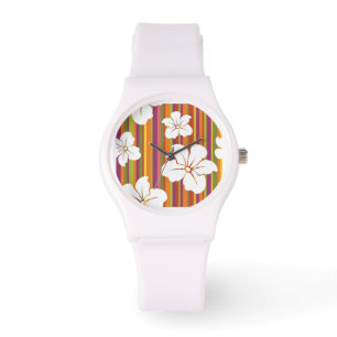 Weiße Blumen auf einem gestreiften Hintergrund Armbanduhr