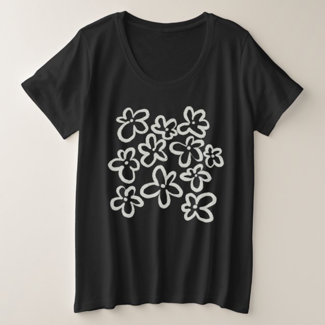 Weiße Blumen auf Schwarz Große Größe T-Shirt (Design vorne)