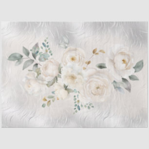 Weiße Blumen auf Silberton-Decoupage  Seidenpapier