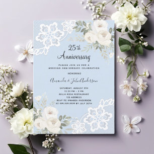 Weiße Blumen blaues 25. Hochzeitstag-Jubiläum Einladung