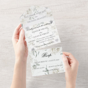 Weiße Blumen Botanische All-in-One-Hochzeitseinlad All In One Einladung
