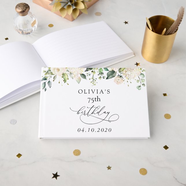 Weiße Blumen, cremefarbene Blumen, Boho, Geburtsta Gästebuch (Vorderseite Offen)