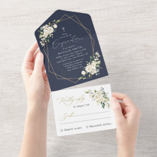 Weiße Blumen, cremefarbene Blumen, Boho, Konfirmat All In One Einladung