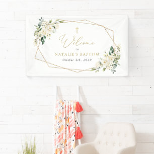 Weiße Blumen, cremefarbene Blumen, Taufe Willkomme Banner