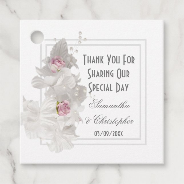 Weiße Blumen danke Ihnen Hochzeit Geschenkanhänger (Vorderseite)