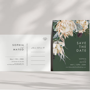 Weiße Blumen   Dunkelgrün Save The Date Postkarte