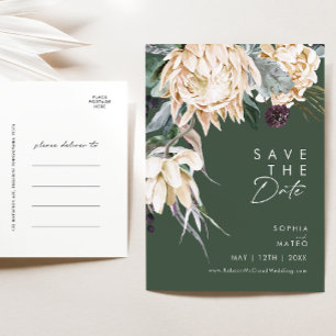 Weiße Blumen   Dunkelgrüne Save The Date Postkarte