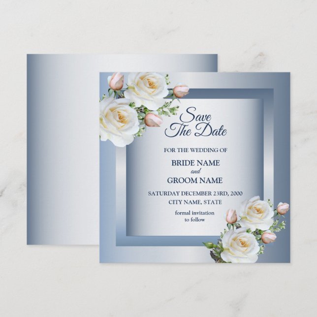 Weiße Blumen Elegantes Blau Grau Save The Date (Vorne/Hinten)