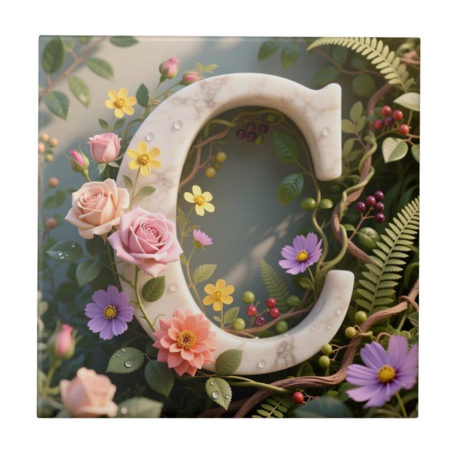 Weiße Blumen-Garten-Monogramm-Buchstabe C Fliese (Vorderseite)