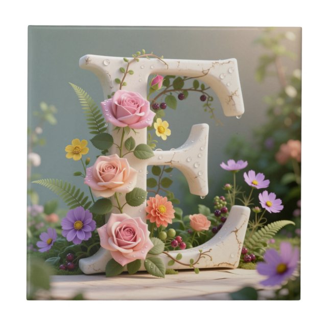 Weiße Blumen-Garten-Monogramm-Buchstabe E Fliese (Vorderseite)