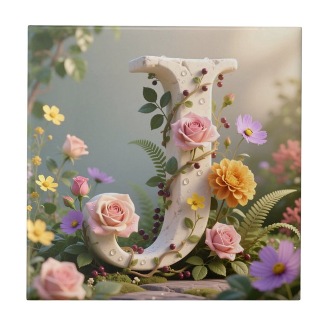Weiße Blumen-Garten-Monogramm Buchstabe J Fliese (Vorderseite)
