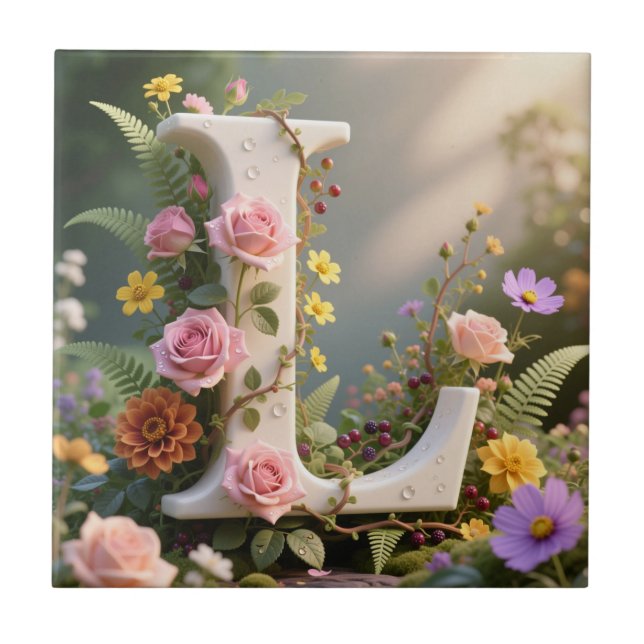 Weiße Blumen-Garten-Monogramm Buchstabe L Fliese (Vorderseite)
