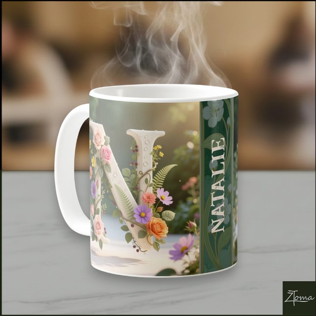 Weiße Blumen-Garten-Monogramm Buchstabe N Kaffeetasse (Von Creator hochgeladen)