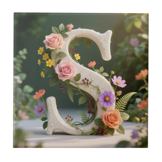 Weiße Blumen-Garten-Monogramm-Buchstabe S Fliese (Vorderseite)