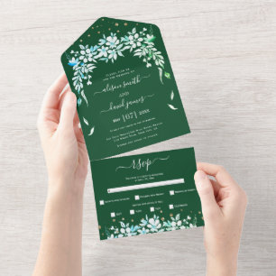 Weiße Blumen-Girlande Smaragdgrüne Hochzeit All In One Einladung