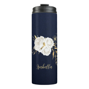 weiße Blumen goldene Blätter navy Thermosbecher