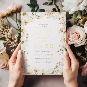 Weiße Blumen & Goldfolie Hochzeit Save The Date Folieneinladung