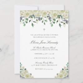 Weiße Blumen & Grüne Foto Taufe Einladung