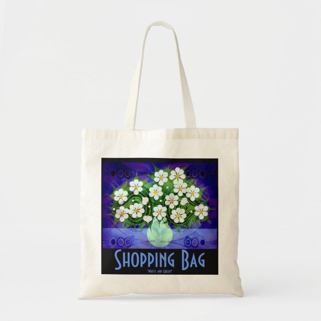 Weiße Blumen, grüne Vasen-Tasche Tragetasche (Vorne)